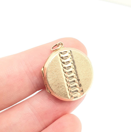 Antique 9ct 9k Gold Locket Spiral Pattern Art Deco Solid 375 Gold Back & Front Gyroscope 1920s Necklace Photo Pendant Womens Jewelry
