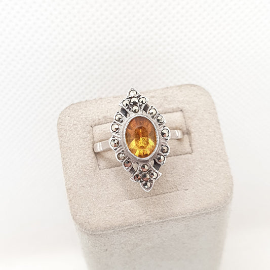 RESERVED/SOLD DON Antique 9ct Gold Citrine Paste Ring Solid Silver Marcasite 9k 375 Art Deco Orange Glass 1920s Vintage Cocktail Womens