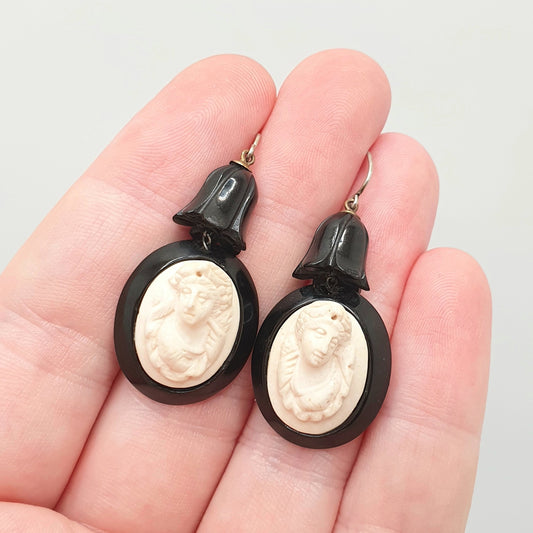 Antique Victorian Lava Cameo Whitby Jet Earrings High Relief White Genuine Hook Hanging Tulip Carved Vintage 1800s Womens Jewelry Jewellery