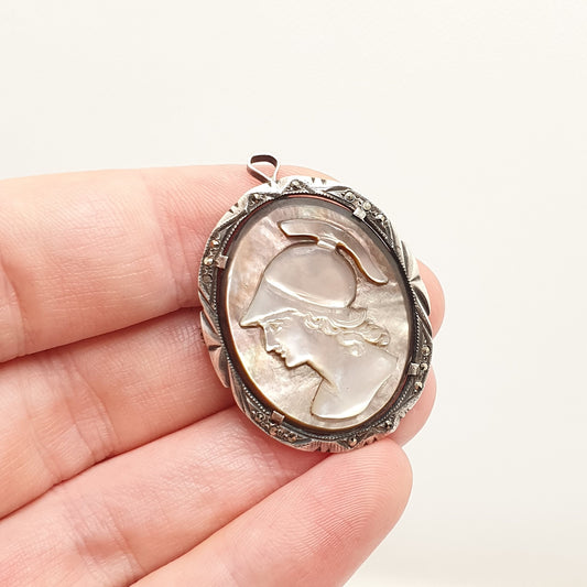 Antique Centurion Cameo Pendant Solid Silver Necklace Brooch Abalone Shell Detailed Hand Carved 1920s Art Deco Vintage Jewelry Jewellery