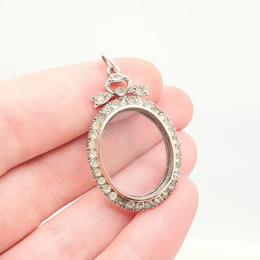 Antique Sterling Silver Diamond Paste Locket Pendant Edwardian PARISIAN DIAMOND COMPANY Oval Bow Necklace Picture Photo Double Sided Vintage
