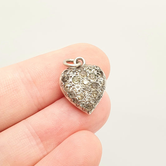 Antique Victorian Solid Silver Puffer Heart Diamond Paste Pendant Charm Necklace Old Cut Ornate Sparkly Vintage Womens Jewellery Jewelry