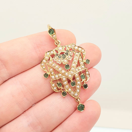 Antique Victorian 14k Gold Emerald Seed Pearl Pendant Necklace Solid 14kt 585 Star Fine Estate Natural Gemstone Vintage Jewelry Jewellery