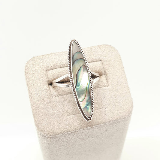 Vintage Sterling Silver Abalone Ring Green Shell Mexican Large Rainbow Mother of Pearl Solid 925 Ellipse Womens Ladies Jewelry Jewellery