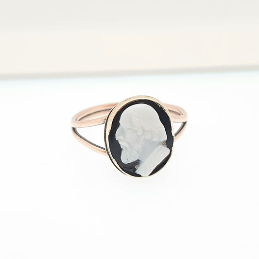 Antique Victorian 14kt Gold Agate Cameo Ring Hardstone Onyx Quartz Solid 14k 585 Gemstone Signet Rose Black Vintage Women Jewelry Jewellery