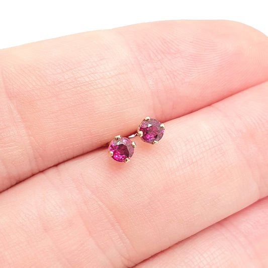 Vintage 9k 9ct Gold Ruby Stud Earrings Round Cut Solid 375 Tiny Cute Small Retro Red Gemstone 9 Carat Yellow Ladies Womens Jewelry Jewellery