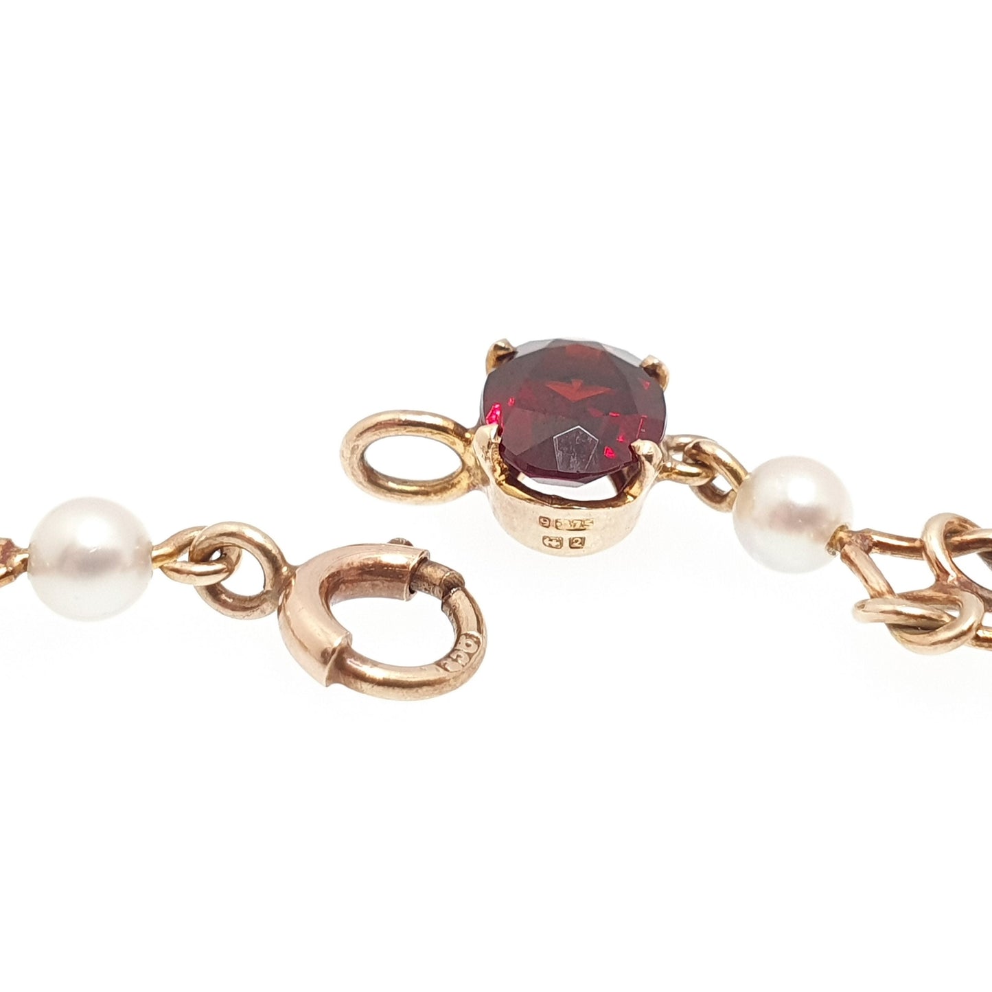 Vintage 9ct 9k Gold Garnet & Pearl Bracelet Knot Link Cultured Pearls 7.79g 1965 Hallmarked Solid 375 Yellow Fine Womens Jewelry Jewellery