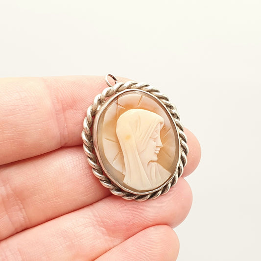 Antique Mother Mary Cameo Solid Silver Pendant Brooch Necklace Hand Carved Shell High Relief Virgin Italian Vintage Jewelry Womens Jewellery