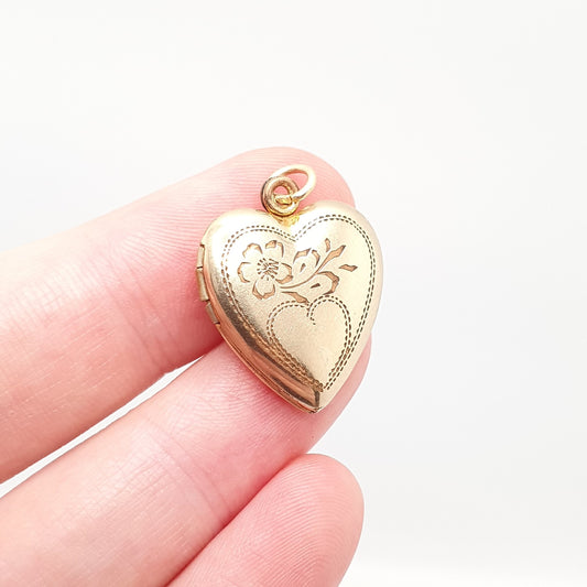 Vintage Vargas 10kt Rolled Gold Heart Locket Sterling Silver Trim Necklace Pendant Engraved Picture Photo Gold Filled Jewelry Jewellery