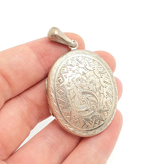 Antique Victorian Solid Silver Locket Hand Engraved Large Big Back and Front Oval Pendant Picture Photo Vintage Womens Jewelry Jewellery