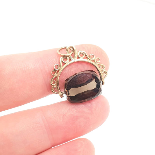 Vintage 9ct 9k Gold Smoky Quartz Spinner Fob Pendant Necklace Gemstone Albert Style Genuine Solid 375 Hallmark Vintage Jewellery Jewelry