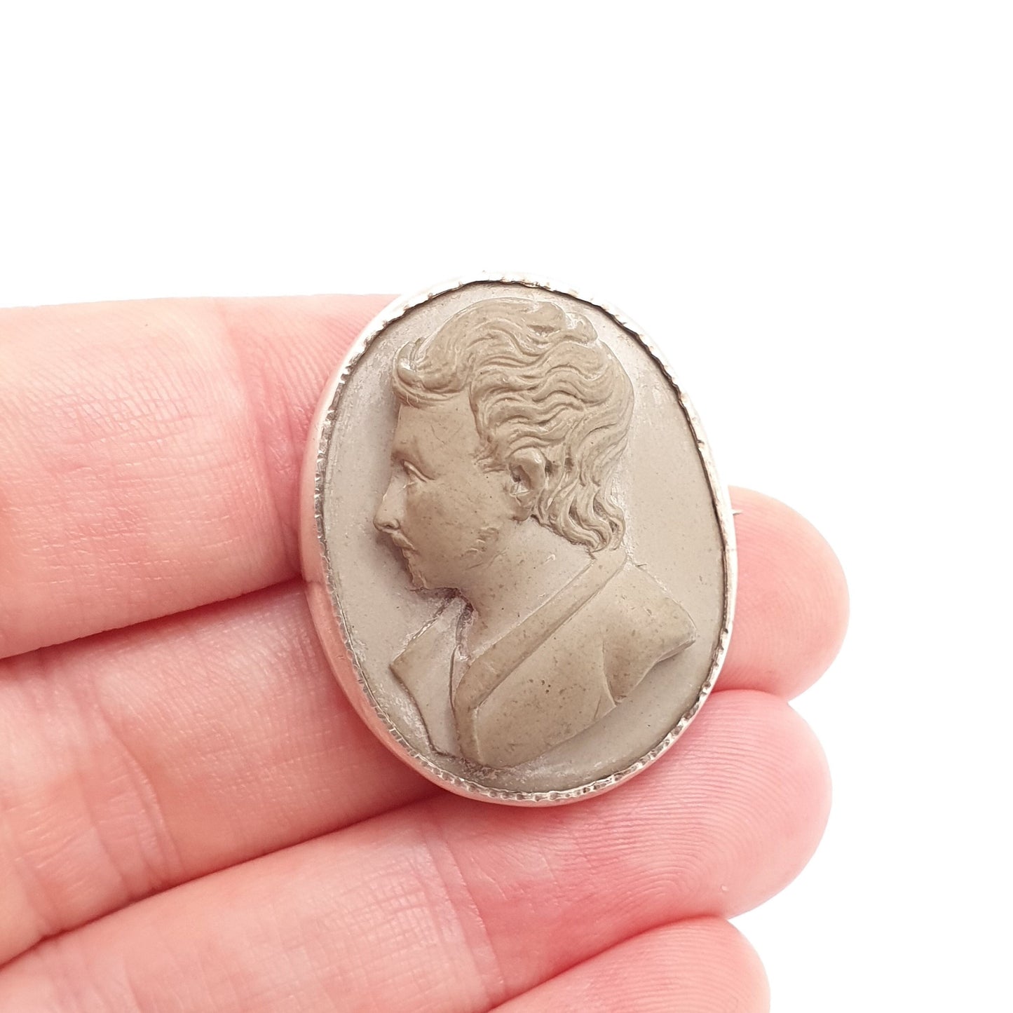 Antique Napoleon Lava Cameo Brooch Solid Silver Bonaparte I 1st Hand Carved French Italian King Rare Unique Fine Vintage Jewelry Jewellery