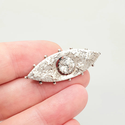 Antique Victorian Sterling Silver Paste Sweetheart Brooch Eye Ellipse 1880 Hallmark Chester Large Old Cut Diamond Paste Vintage Jewelry