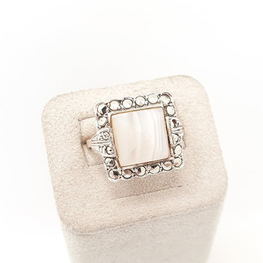 Antique 9ct Gold Lace Agate Ring Art Deco Solid Silver 9k 375 Marcasite Square Cocktail Big Large Vintage 1920s Womens Jewelry Jewellery