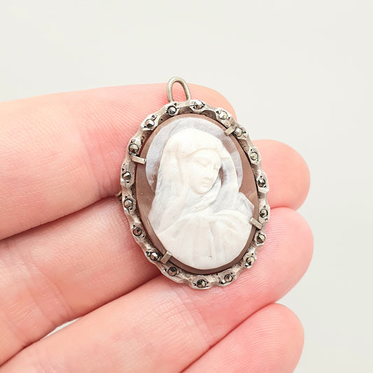Old Vintage Mother Mary Cameo Solid Silver Pendant Brooch Necklace  Virgin Hand Carved Shell Marcasite Italian Jewelry Womens Jewellery