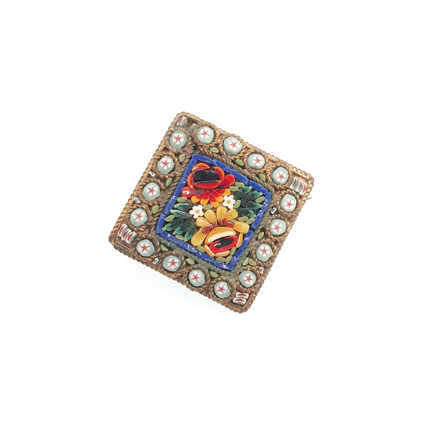 Antique Fine Micromosaic Brooch Micro Mosaic Gold Gilt Square Flower Small Millefiori Italy Italian 1800s Vintage Jewelry Jewellery