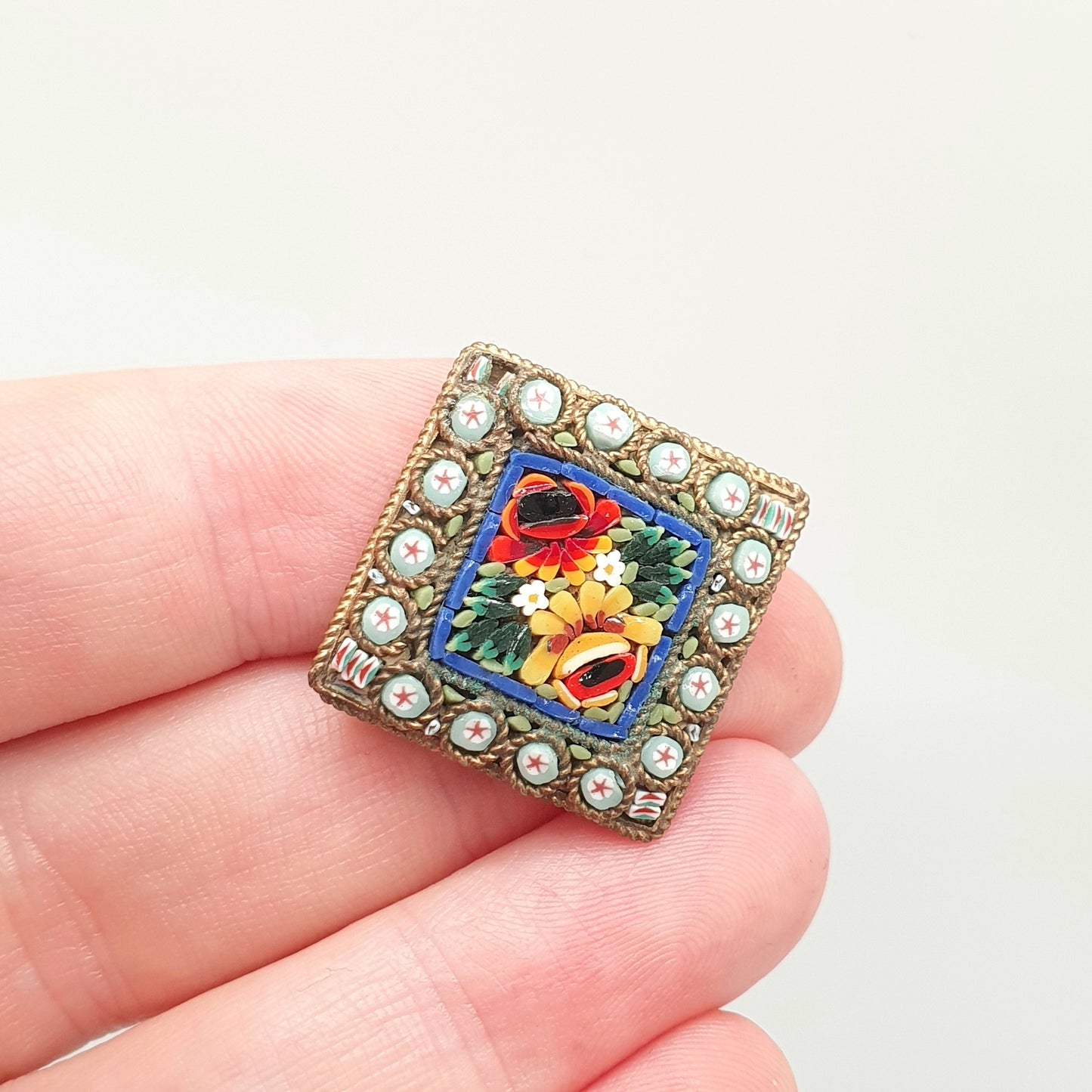 Antique Fine Micromosaic Brooch Micro Mosaic Gold Gilt Square Flower Small Millefiori Italy Italian 1800s Vintage Jewelry Jewellery