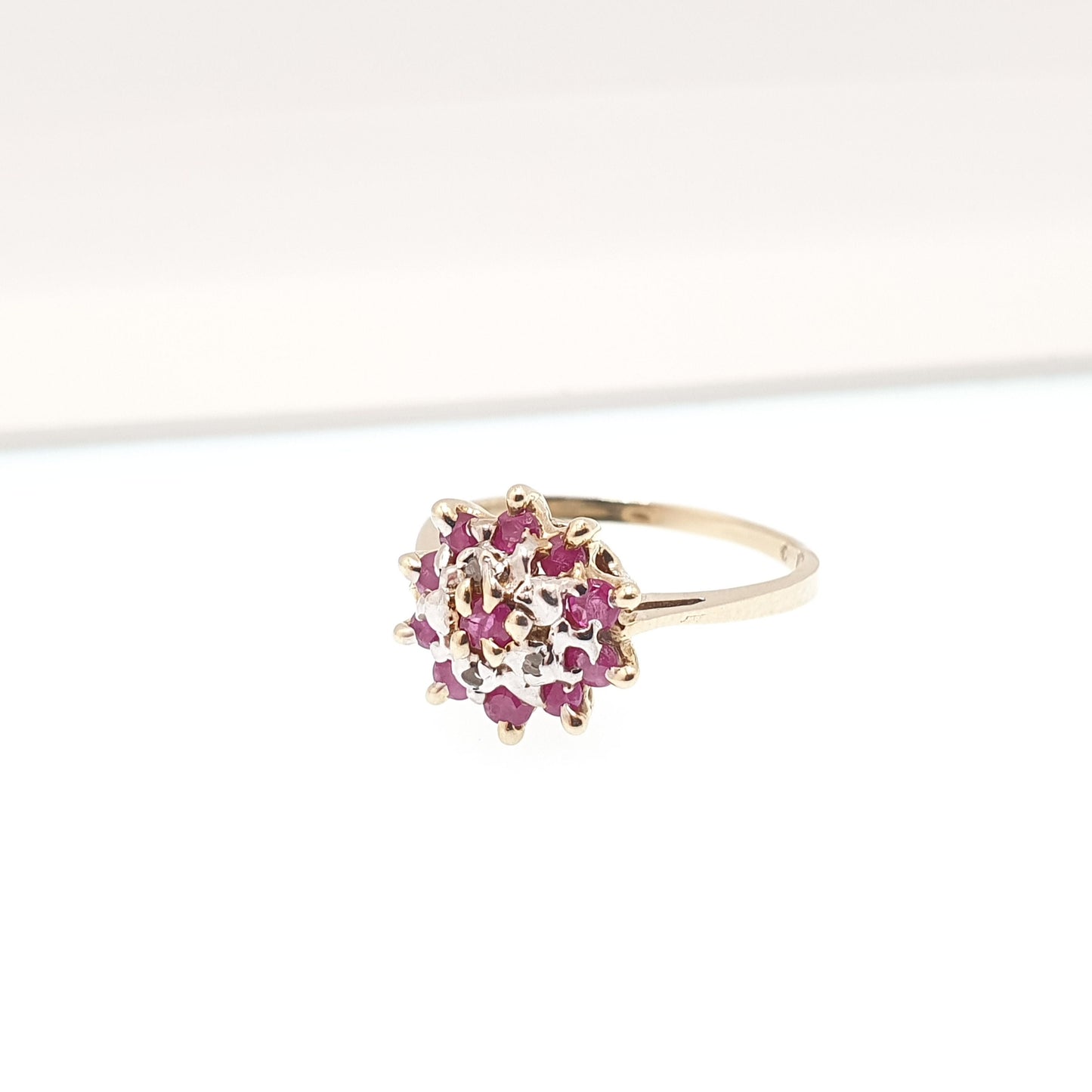 Vintage 9k 9ct Gold Ruby & Diamond Ring Cluster Solid 375 Red Gemstone Real Genuine  Halo Estate Womens Jewelry Jewellery Sparkly