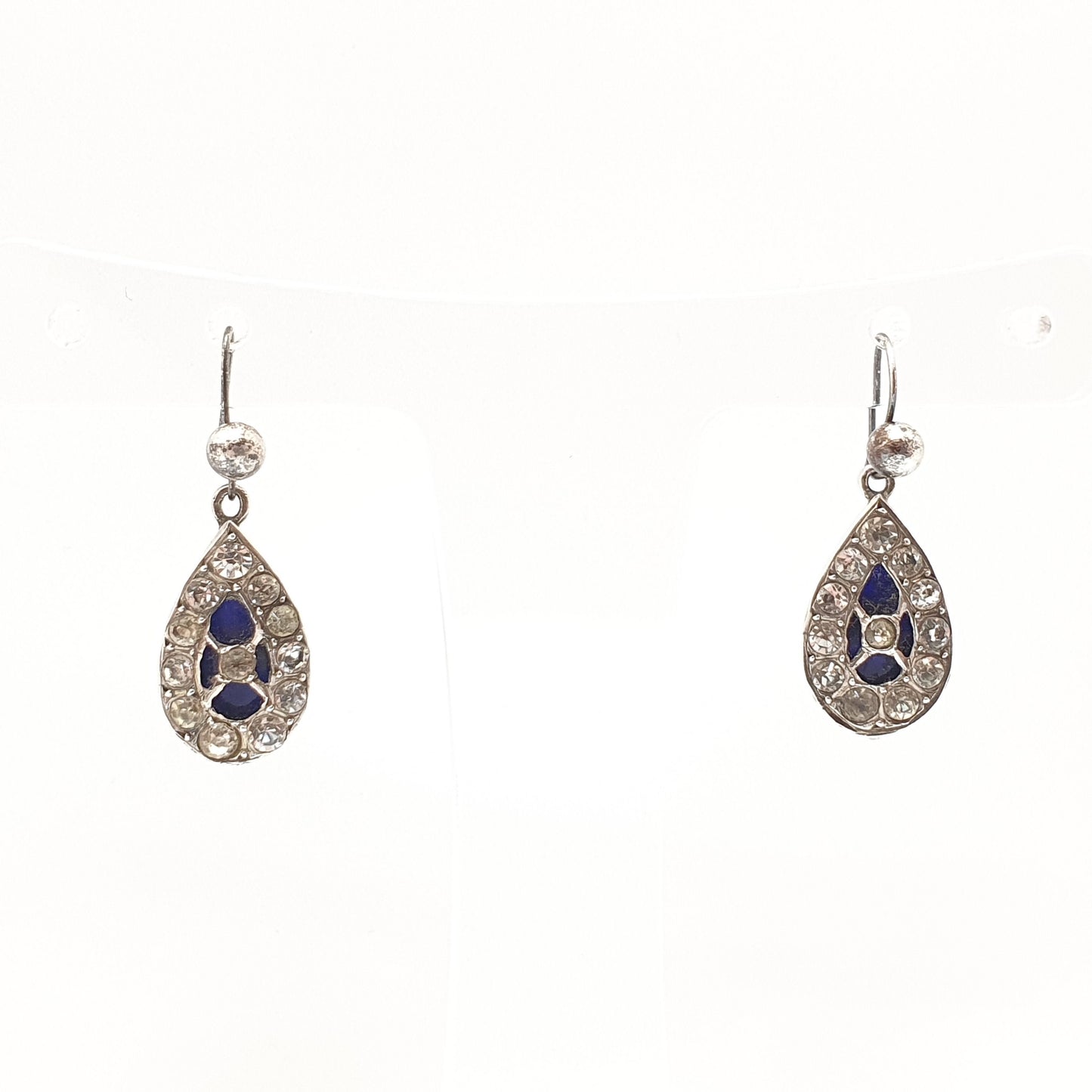 Antique Victorian Solid Silver Paste Earrings Bristol Blue Glass Diamond Foiled Glass Hook Dangle Dangling Genuine Vintage Jewelry Jewellery