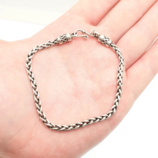 Vintage Sterling Silver Foxtail Link Bracelet Indian Asian Solid 925 22cm 15.37g Heavy Fish Hook Clasp Retro Mens Womens Jewelry Jewellery