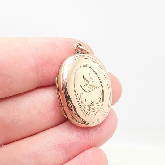 Antique 9ct Rose Gold Bird Locket Solid 9k 375 Small Oval Pendant Fine Estate Big Love Gift Back & Front Necklace Jewelry Womens Jewellery