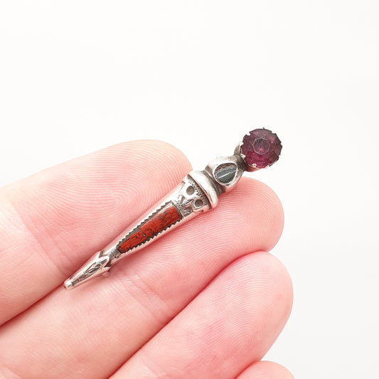 Antique Scottish Dirk Sterling Silver Brooch Pin Blue Lace Agate Amethyst Paste Victorian Quartz Vintage Mens Womens Jewelry Jewellery