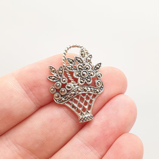 Vintage Sterling Silver Flower Basket Brooch Pin Giardinetti Marcasite Art Deco Style Garden Sweet Solid 925 Womens Jewelry Jewellery