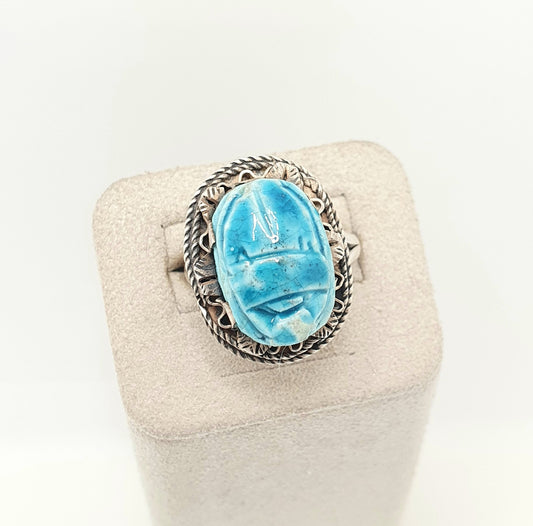 Vintage Solid Silver Scarab Beetle Ring Egyptian Faience Art Deco Revival Large Big Egypt Insect Animal Bug Womens Ladies Jewelry Jewellery