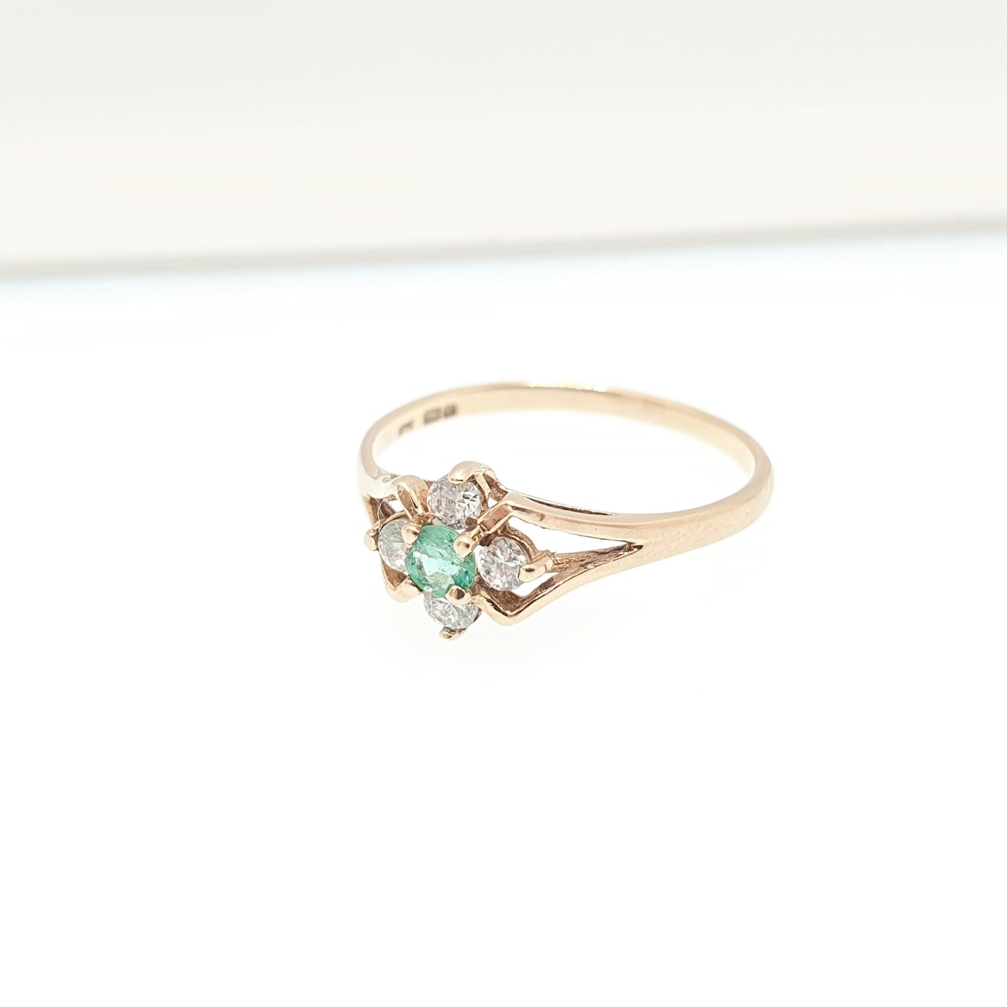 Vintage 9ct Gold Emerald Ring Cluster Halo Solid 375 9k CZ Round Cut Gemstone Fine Estate Genuine Real Retro Womens Jewellery Jewelry