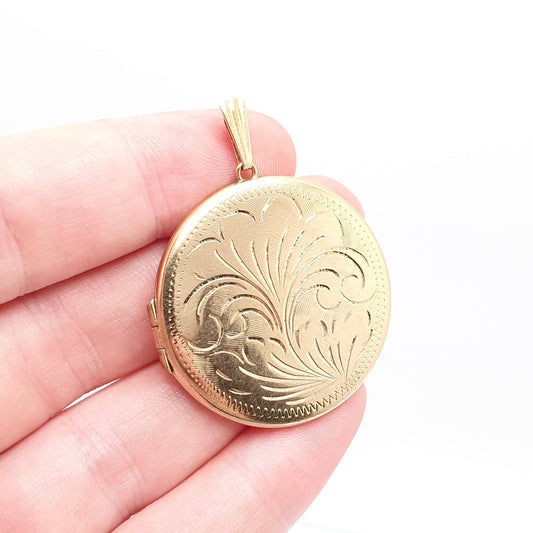 Vintage Rolled Gold Locket Large Big Necklace Pendant Round Leaf Engraved Gold Filled Picture Photo Womens Ladies Retro Jewellery Jewelry