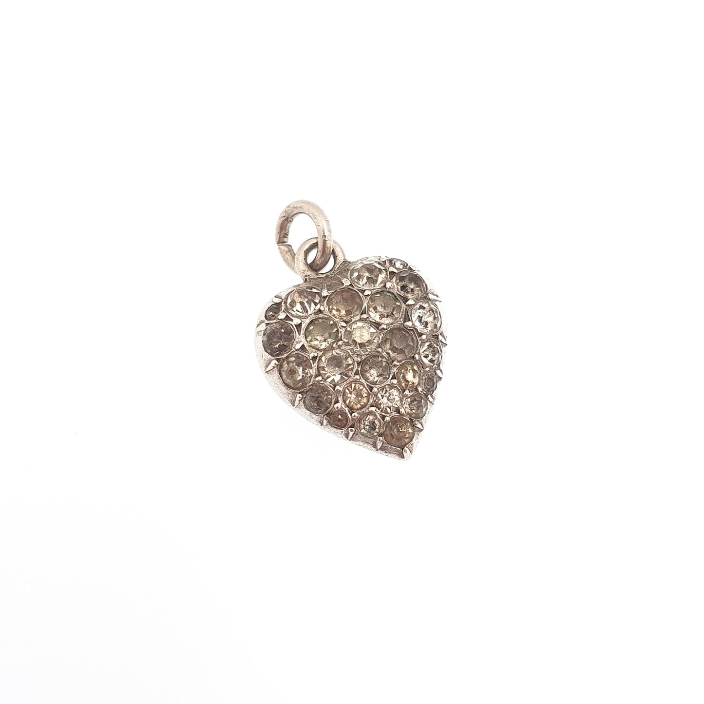 Antique Victorian Solid Silver Puffer Heart Diamond Paste Pendant Charm Necklace Old Cut Ornate Sparkly Vintage Womens Jewellery Jewelry