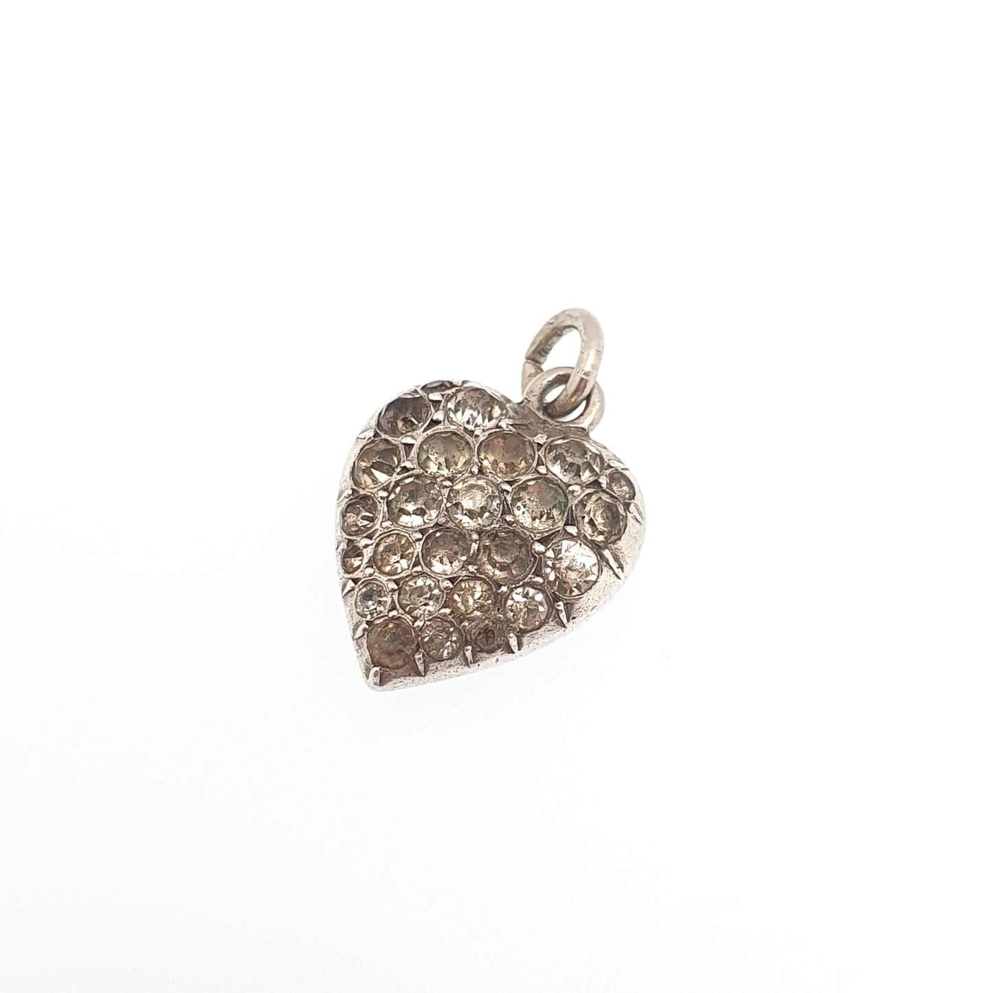 Antique Victorian Solid Silver Puffer Heart Diamond Paste Pendant Charm Necklace Old Cut Ornate Sparkly Vintage Womens Jewellery Jewelry