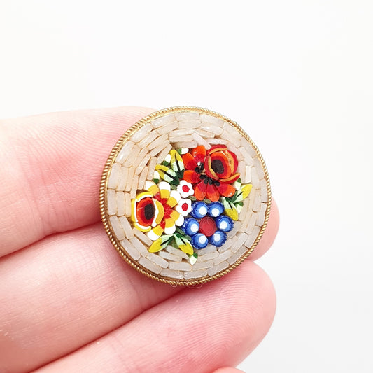 Old Vintage Fine Micromosaic Brooch Micro Mosaic Gold Gilt Flower Small White Millefiori Italy Italian 1800s Vintage Jewelry Jewellery