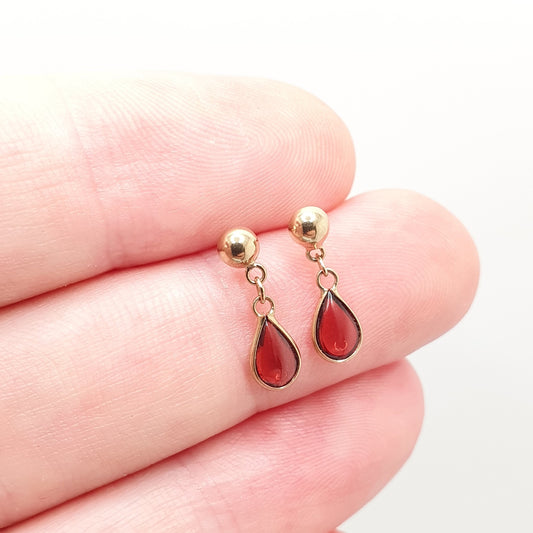 Vintage 9k 9ct Garnet Gold Earrings Hanging Drop Stud Solid 9 Carat 375 Pear Cut Crimson Gemstone Genuine Womens Jewelry Jewellery Retro