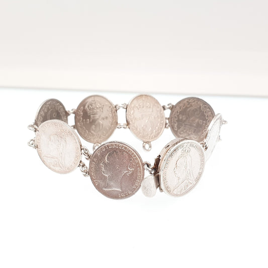 Antique Sterling Silver Victorian Coin Bracelet Threepence Vintage Coins Small British Solid 925 Charm Womens Ladies Vintage Jewelry