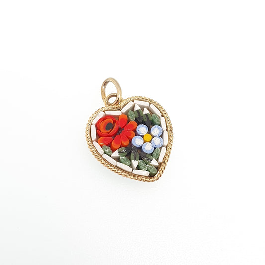 Vintage Heart Micro Mosaic Necklace Pendant Micromosaic Gold Gilt Rose Flower Hanging Dangly Millefiori Handmade Womens Jewelry Jewellery