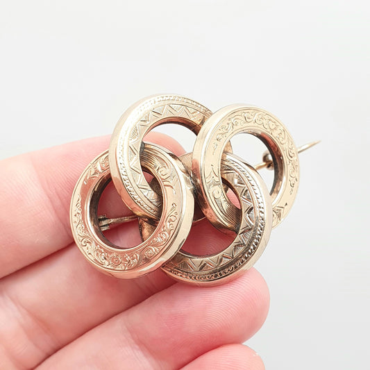 Antique Victorian 9ct Gold Brooch Infinity Knot Eternal Rings Circle Snake Solid 375 9k Etruscan Revival Aesthetic Vintage Jewelry Jewellery