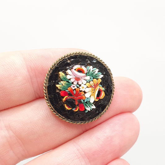 Antique Micromosaic Brooch Pin Black Tiles Micro Mosaic Italian Flower Tiles Pattern Handmade Women Gold Tone Jewelry Jewellery