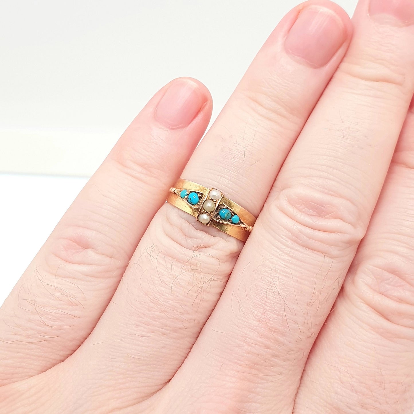 Antique Victorian 15ct Gold Turquoise Seed Pearl Ring 1874 Hallmark Womens Ladies 15 Carat Vintage Genuine Real Solid Jewelry Jewellery