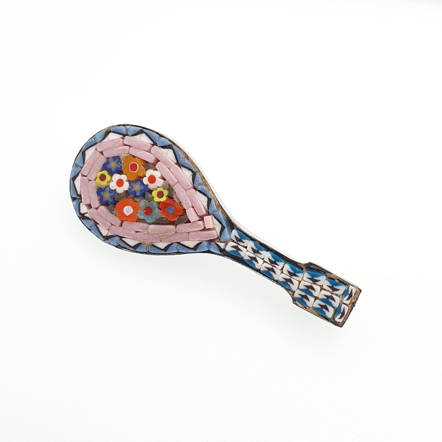 Old Vintage Micromosaic Brooch Pin Lute Mandolin Shape Micro Mosaic Instrument Italian Flower Pattern Handmade Womens Jewelry Jewellery