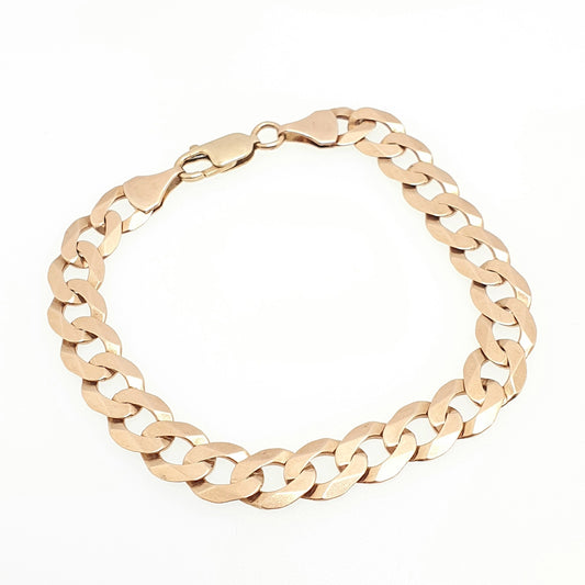Vintage 9ct 9k Rose Gold Chain Bracelet Curb Link Flat Links 15.01g 21cm 8.25" Solid 375 Heavy Large Hallmarked Womens Jewelry Jewellery