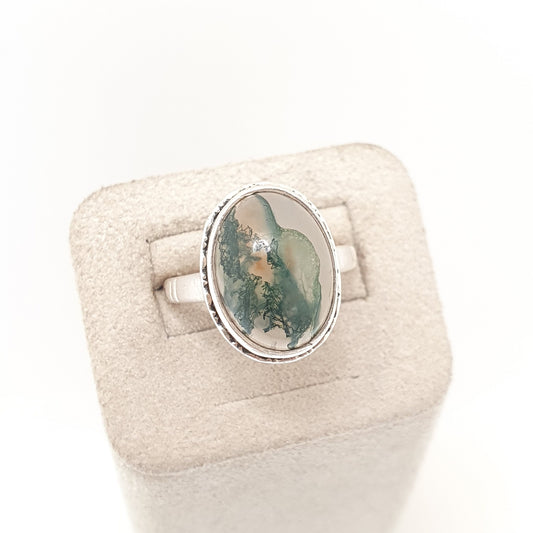 Antique Solid Silver Moss Agate Ring Art Deco Oval Cabochon 1920s Gemstone Branch Veined Quartz Large Big Signet Womens Jewellery Jewelry