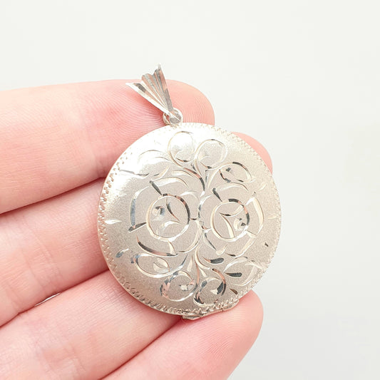 Vintage Sterling Silver Locket Large Pendant Round Engraved Necklace 1979 Hallmark Photo Picture Big Jewelry Womens Retro Jewellery Ladies
