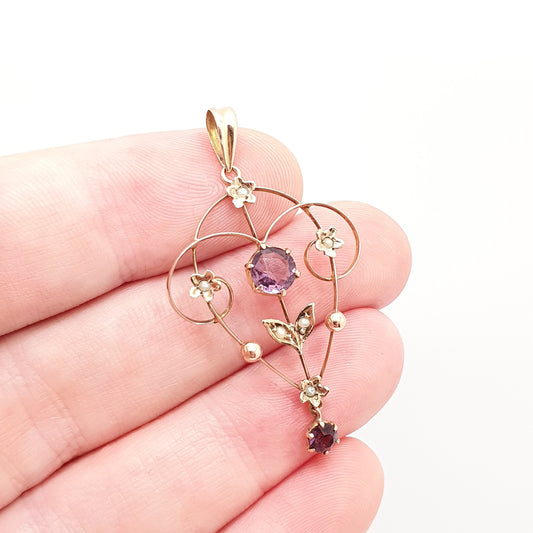 Antique 9ct 9k Gold Amethyst Paste Pendant Seed Pearl Necklace Edwardian Solid 375 Openwork Necklace 1900s Old Vintage Jewellery Jewelry