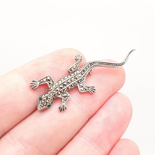 Antique Solid Silver Lizard Brooch Marcasite Emerald Paste Eyes 1920s Art Deco Reptile Animal Gecko Vintage Womens Retro Jewelry Jewellery