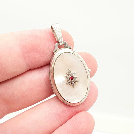 Vintage Solid Silver Ruby Paste Locket Mother of Pearl  Big Large Star Centre Necklace Pendant Genuine Real White Shell Retro Womens Jewelry