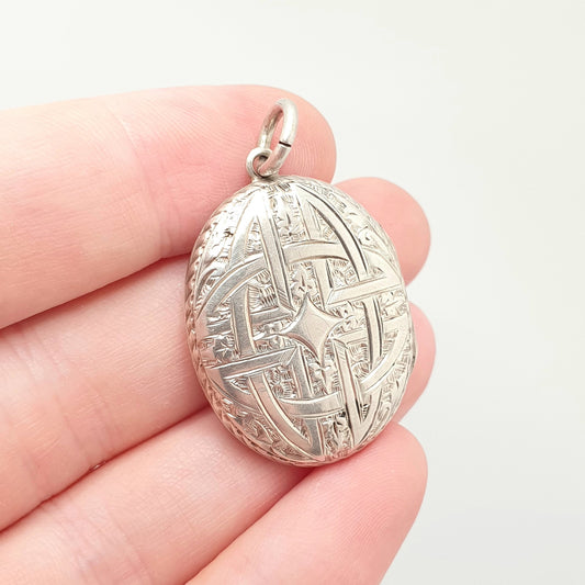 Antique Victorian Solid Silver Locket Geometric Hand Engraved Scroll Oval Pendant Picture Photo Vintage Womens Jewelry Jewellery