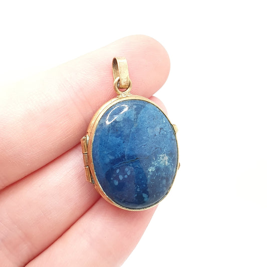 Antique Victorian Sodalite Locket Gold Gilt Pendant Necklace Genuine Blue Gemstone Similar to Lapis Lazuli Photo Vintage Womens Mens Jewelry