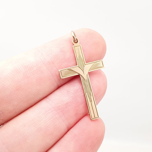 Antique 9ct 9k Gold Crucifix Necklace Cross Art Deco Pendant Engraved Cruciform Solid 9k 375 Vintage Womens Mens Jewellery Jewelry