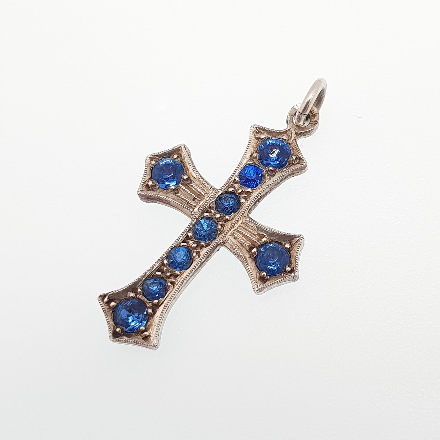 Antique Sterling Silver Sapphire Paste Cross Crucifix Necklace Pendant Sparkly Victorian 1800s Rare Vintage Womens Mens Jewellery Jewelry